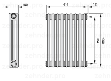 Схема (чертеж) Радиатор Zehnder Charleston 3100/9 №7610 Белый глянцевый RAL 9016